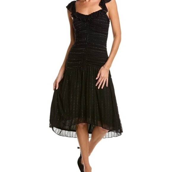 BCBGeneration Size 10 Black Silver Metallic Sleeveless Midi Dress Ruched Stretch - Picture 2 of 10